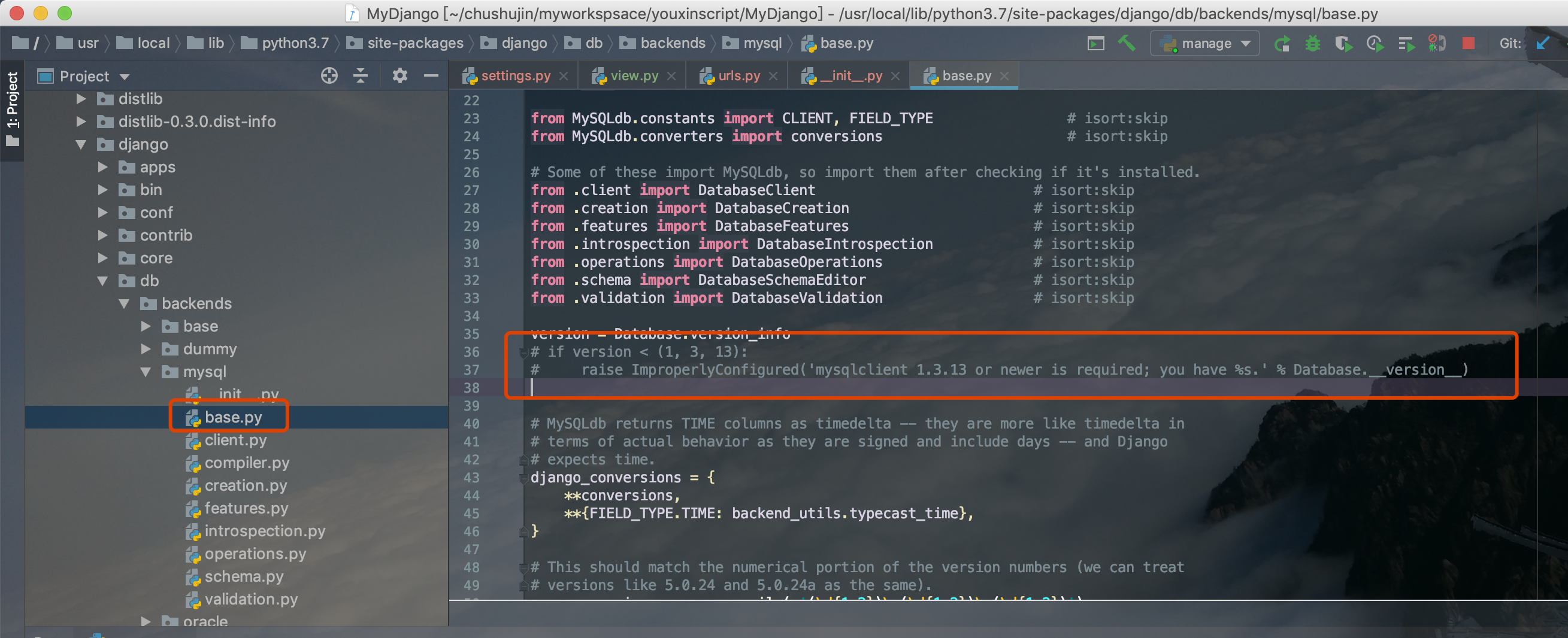 如何解决Django中的ImproperlyConfigured错误，MySQL client 1.3.13或更新版本问题？
