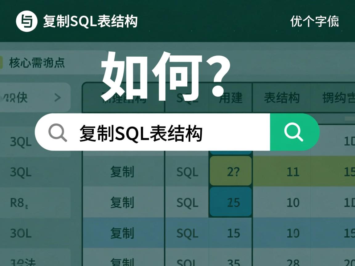 如何快速复制SQL表结构,理由与优化点,,核心需求明确,直接点明用户搜索意图复制SQL表结构。,加入诱因快速,暗示有高效方法,提升点击吸引力。,符合搜索引擎习惯,采用如何…开头的疑问句式,是常见的问题搜索模式。,简洁有力,共10个汉字,远低于30字限制,重点突出。,技术关键词准确,包含SQL、复制、表结构等核心搜索词,利于SEO。  第2张 如何快速复制SQL表结构,理由与优化点,,核心需求明确,直接点明用户搜索意图复制SQL表结构。,加入诱因快速,暗示有高效方法,提升点击吸引力。,符合搜索引擎习惯,采用如何…开头的疑问句式,是常见的问题搜索模式。,简洁有力,共10个汉字,远低于30字限制,重点突出。,技术关键词准确,包含SQL、复制、表结构等核心搜索词,利于SEO。  第2张