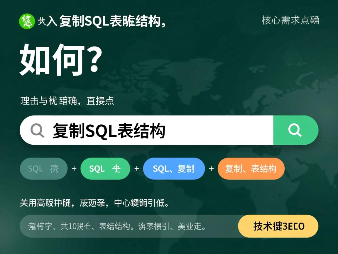 如何快速复制SQL表结构,理由与优化点,,核心需求明确,直接点明用户搜索意图复制SQL表结构。,加入诱因快速,暗示有高效方法,提升点击吸引力。,符合搜索引擎习惯,采用如何…开头的疑问句式,是常见的问题搜索模式。,简洁有力,共10个汉字,远低于30字限制,重点突出。,技术关键词准确,包含SQL、复制、表结构等核心搜索词,利于SEO。  第3张 如何快速复制SQL表结构,理由与优化点,,核心需求明确,直接点明用户搜索意图复制SQL表结构。,加入诱因快速,暗示有高效方法,提升点击吸引力。,符合搜索引擎习惯,采用如何…开头的疑问句式,是常见的问题搜索模式。,简洁有力,共10个汉字,远低于30字限制,重点突出。,技术关键词准确,包含SQL、复制、表结构等核心搜索词,利于SEO。  第3张